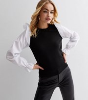 New Look Black Knit Contrast 2-in-1 Long Sleeve Frill Shoulder Top